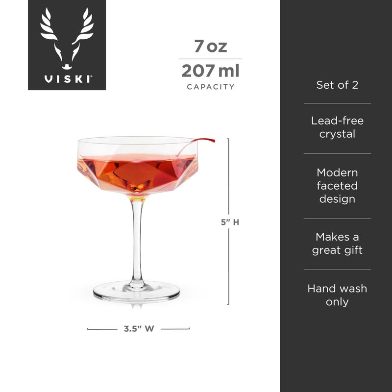 Viski Faceted Coupe Glasses set of 2, Champagne, Martini, Wine, Crystal Cocktail Glasses for Bar, Drinking Glass Set of 2, 7oz - Image 3